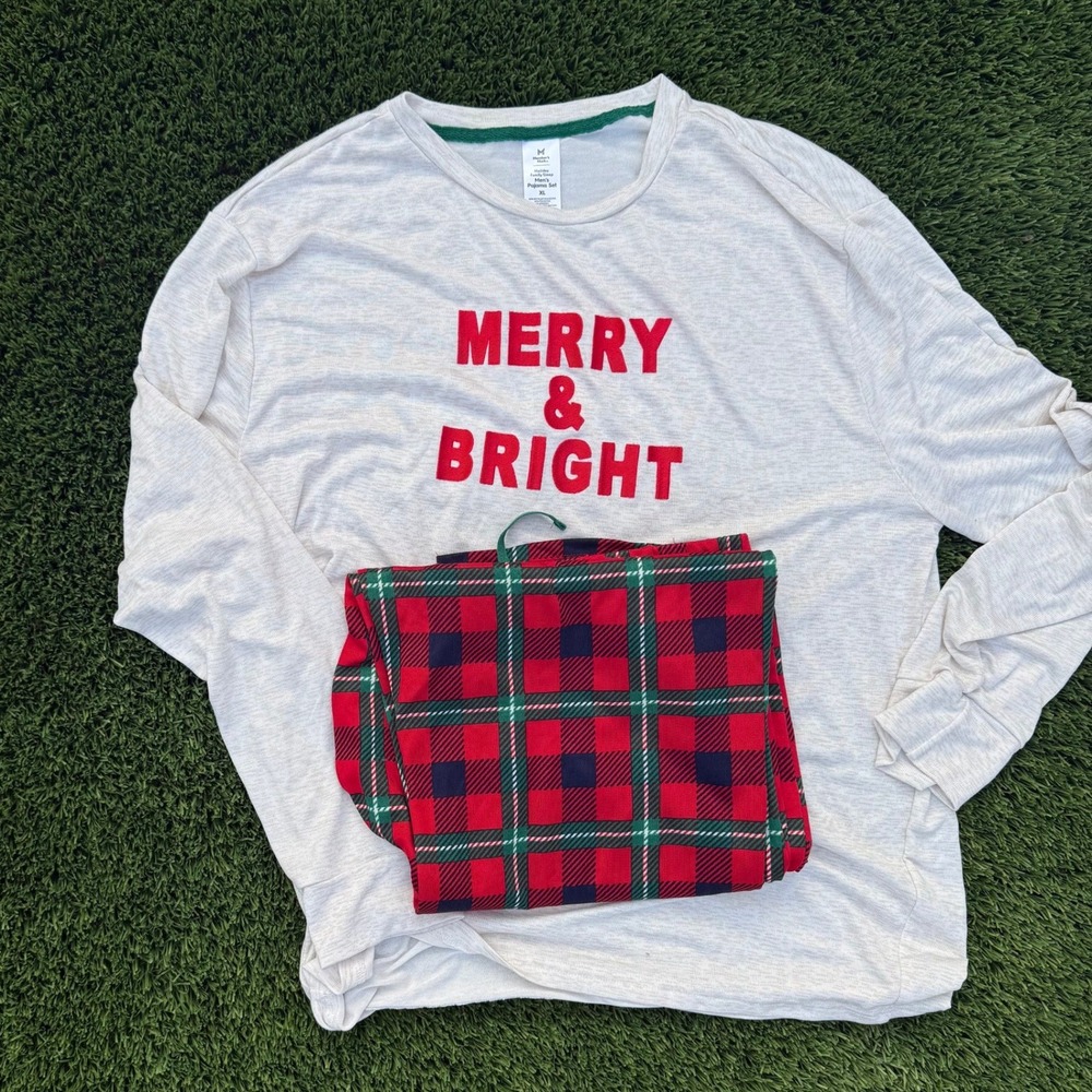 Mens Holiday Merry and Bright Pajama Set‎ Plaid Sleepwear XL